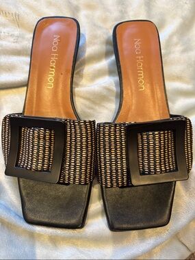 Black & Tan Woven Buckle Slide Mules